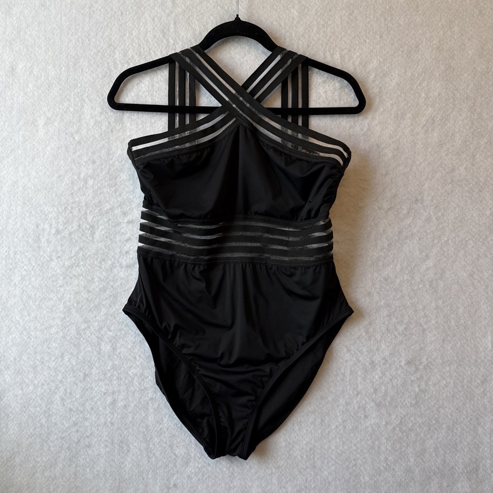 Hilor Black Criss Cross Halter Sheer One Piece Swimsuit Women's XL Sexy‎ Resort